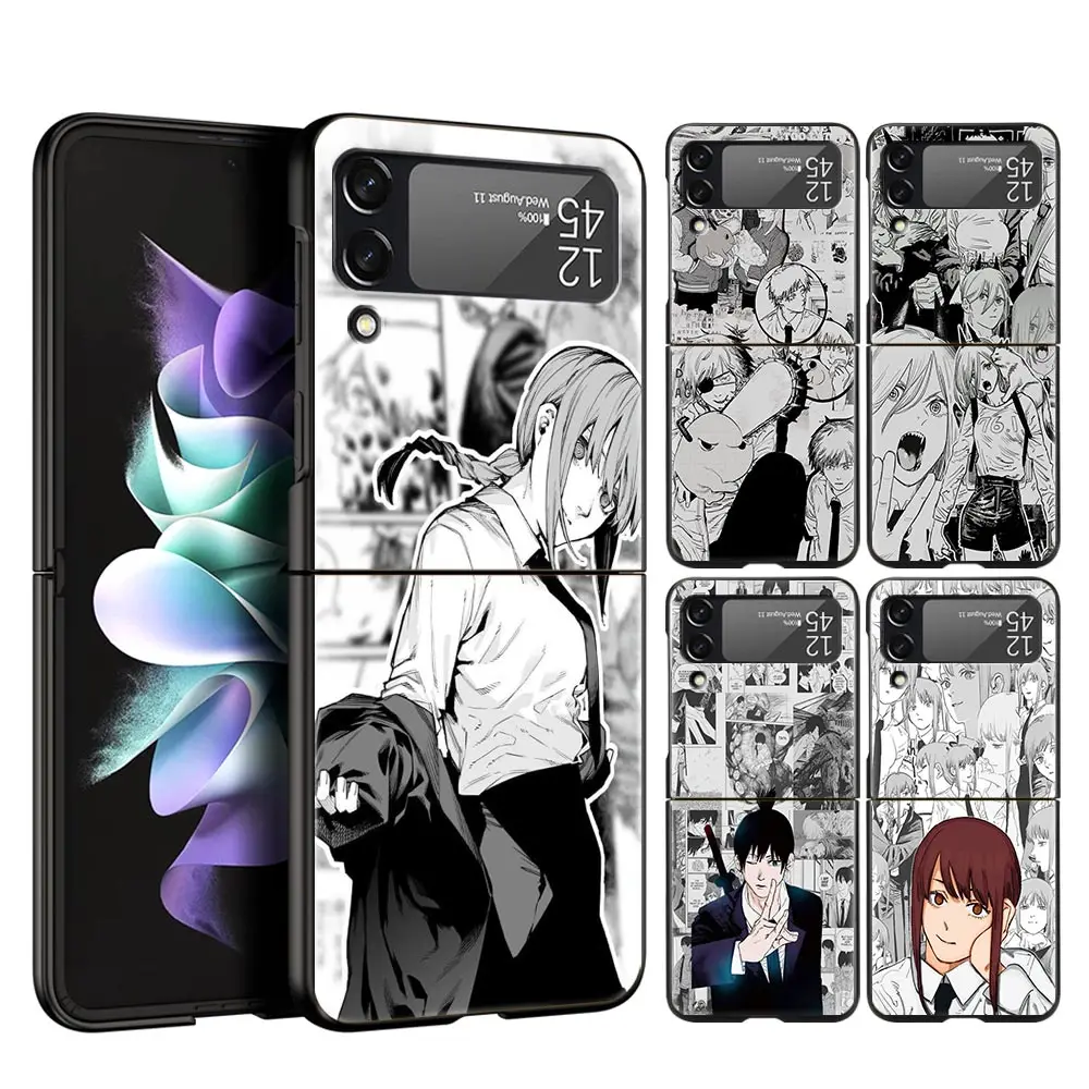 

For Samsung Galaxy Z Flip 3 4 5G Hard Black Folding PC Phone Case Denji Chainsaw Man Pochita Makima For Samsung Z Flip3 Cover