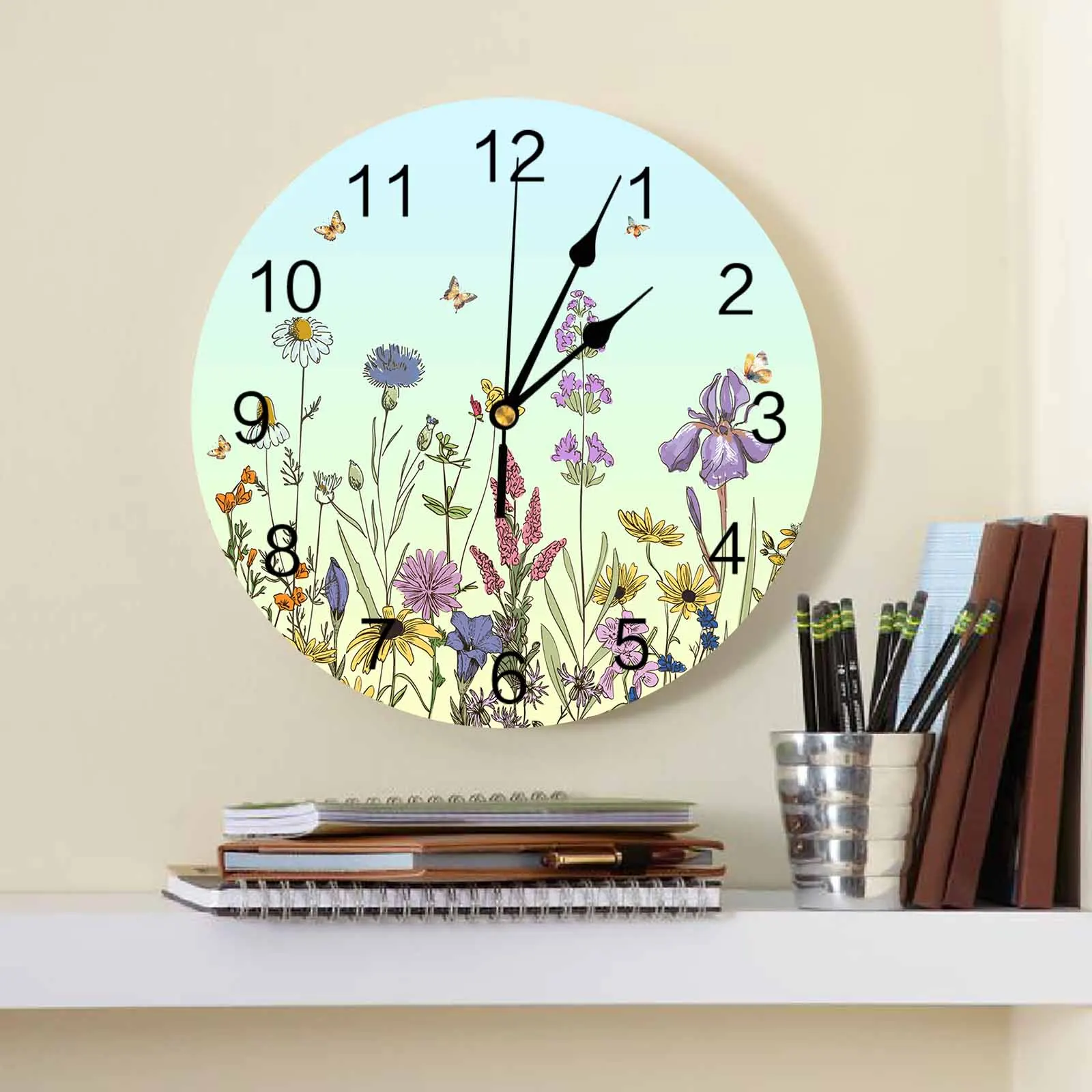Настенные часы с цветами листьями бабочками большие современные круглые для
