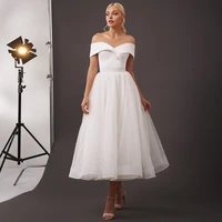 short wedding dress white tulle off the shoulder v neck simple wedding gown backless belt a line sexy midi bridal dresses 2022