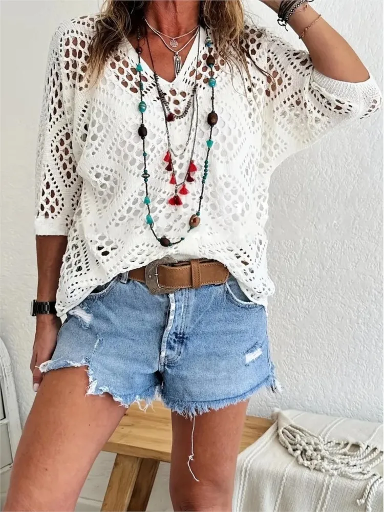 Новый сексуальный вязаный свитер с v-образным вырезом весенний однотонный