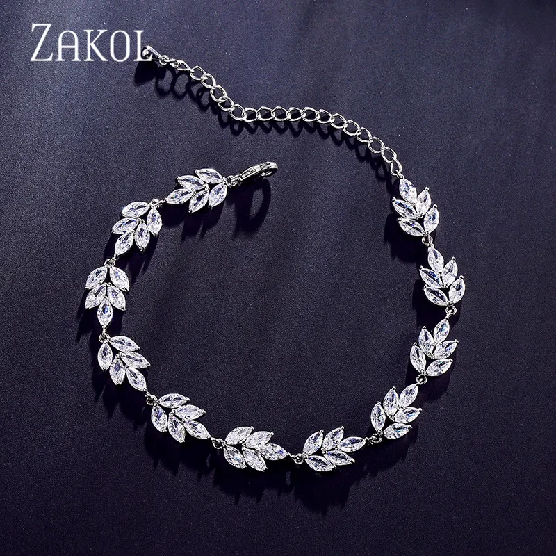 

ZAKOL Luxury High Quality Shiny White Cubic Zirconia Leaf Chain Bracelets for Women Wedding Crystal Jewelry Gift BP2117