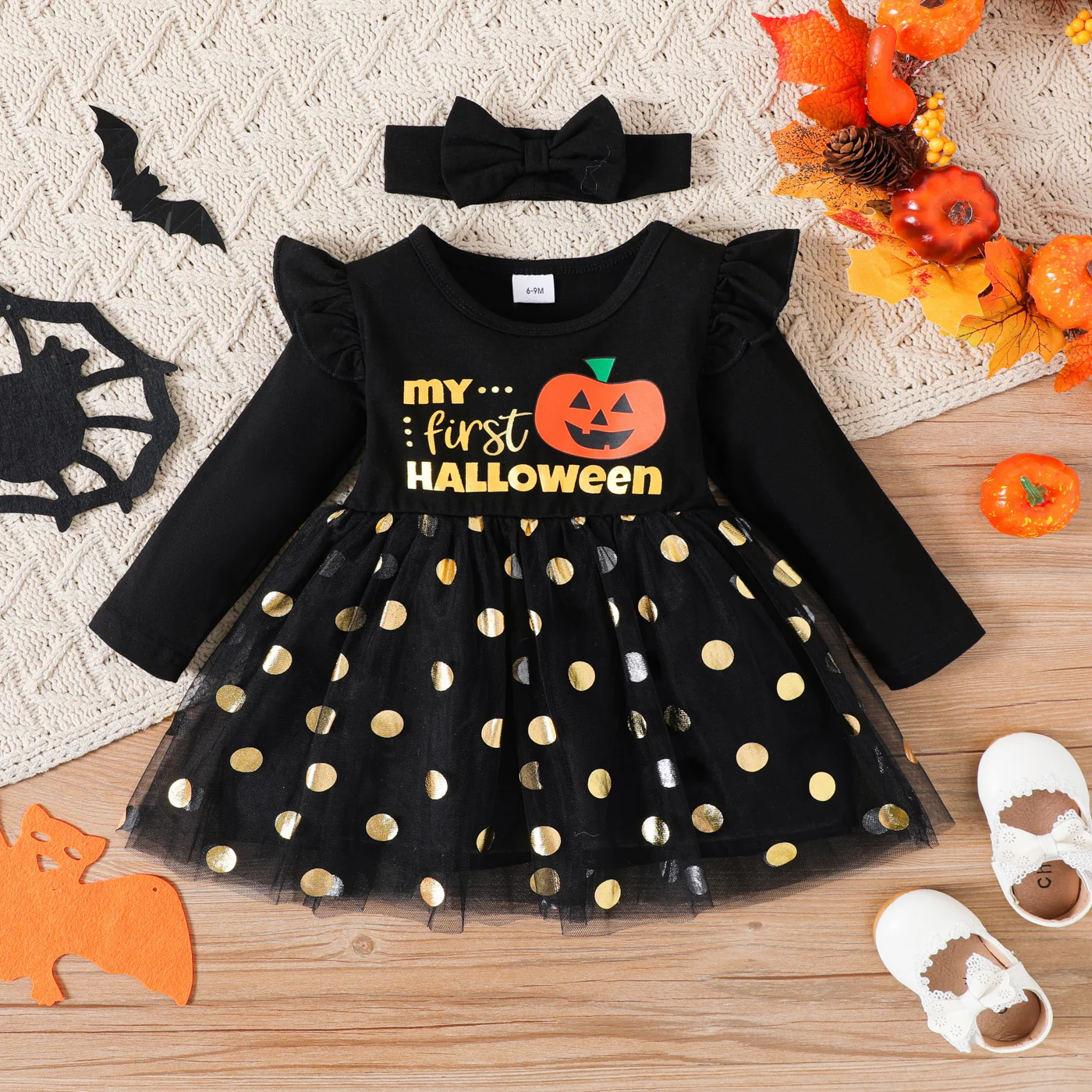 

PatPat Halloween 2pcs Baby Girl Ruffle Long-sleeve Pumpkin & Letter Print Spliced Polka Dot Mesh Dress with Headband Set