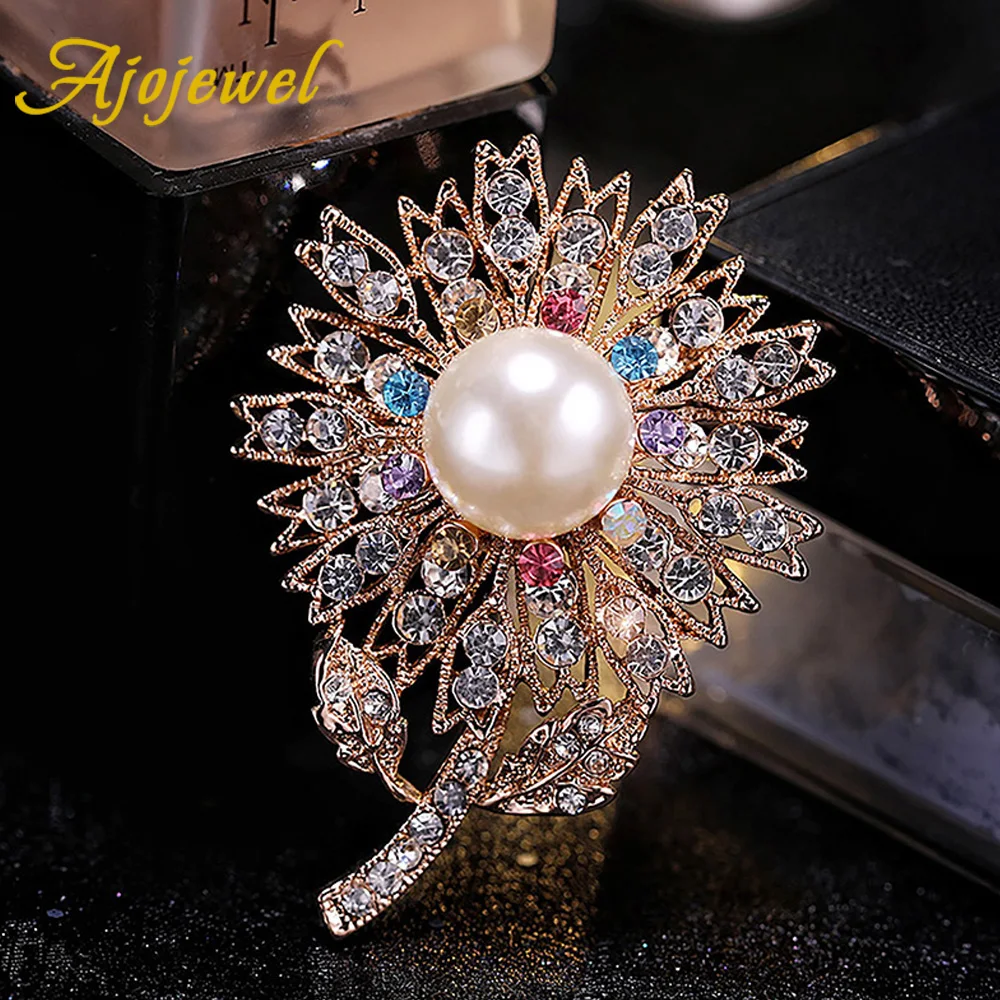 

Ajojewel Big Colored Rhinestone Flower Brooch Shell Pearl Ladies Jewelry Brooches Pin For Suit Women Luxury Gifts Bijoux Femme