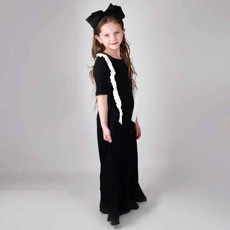Girls max dress kids short/long sleeves ribbed summer and spring girl dresses clothing black ruffles kids long nightgown dresses