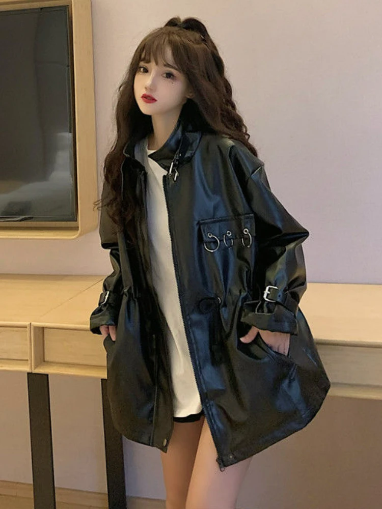 Korean Style Motorcycle Leather Jacket Women Black Loose Thin PU Faux Leather Coat Female 2022 Autumn Streetwear Lady Chic Tops