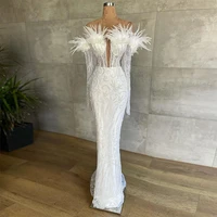 sevintage luxury pearls feathers mermaid evening dresses with detachable train%c2%a0sequined crystal pleat long sleeves prom dress