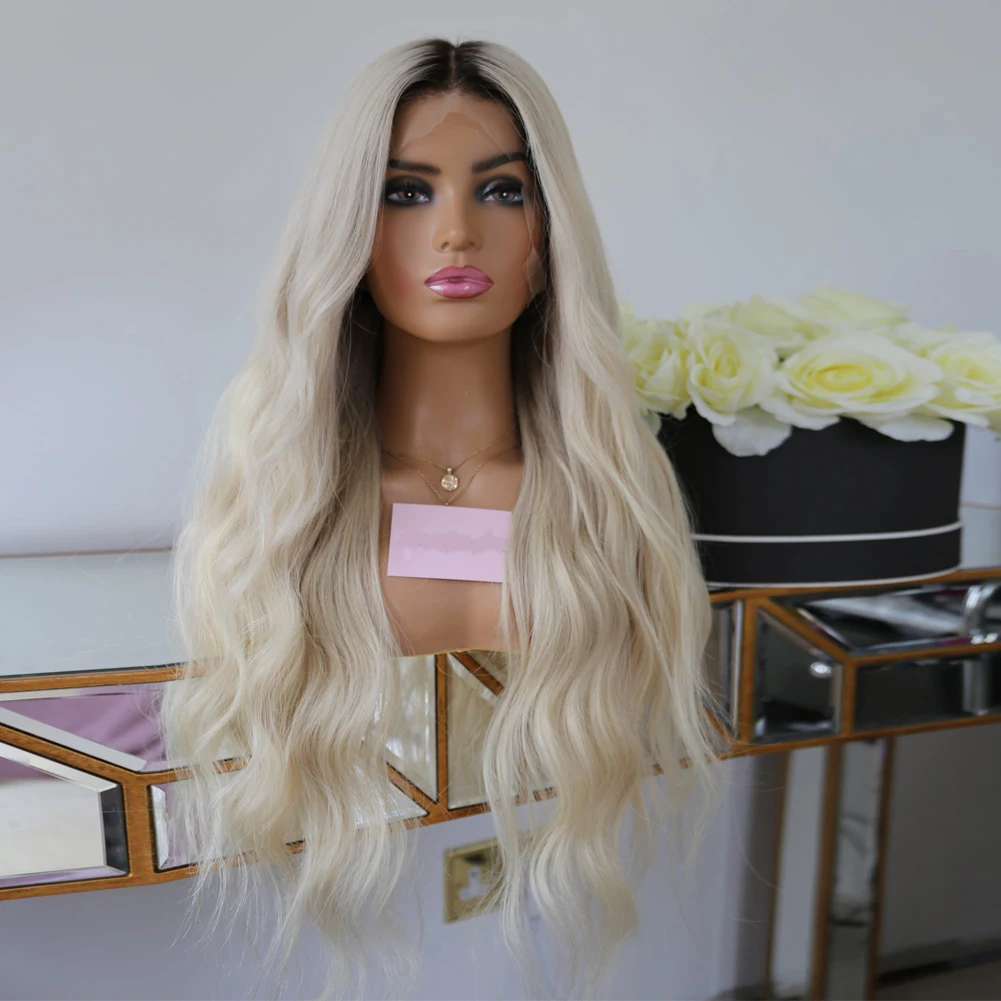 200/180 Remy Human Hair 13x6 Lace Front Wig Platinum Blonde Hd Lace Frontal Wig Pre Plucked Dark Brown Root Wavy Wig for Women