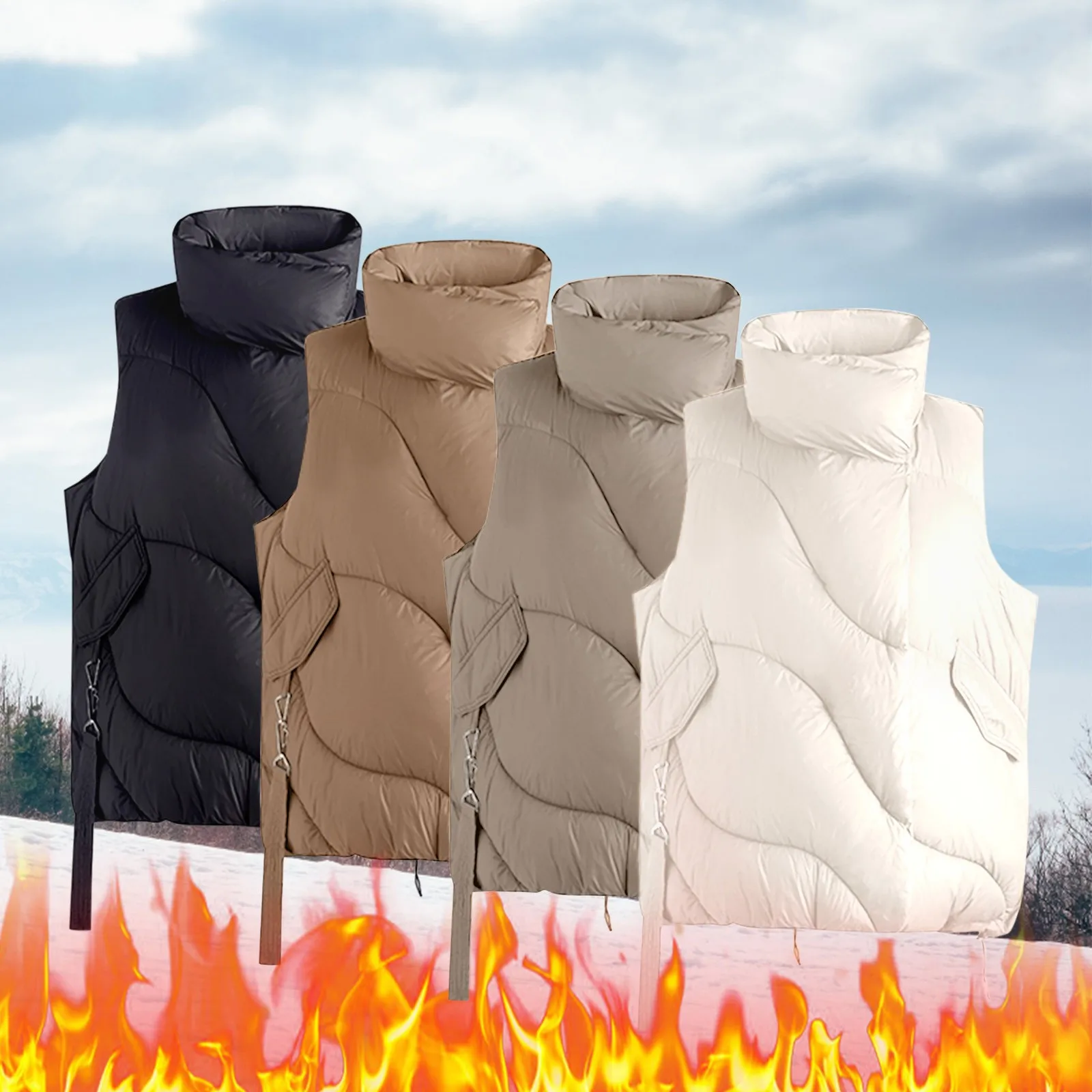 

New Winter Cotton Vest Women Warm Turn-down Collar Zipper Sleeveless Jacket Overcoat Loose Drawstring Waistcoat Vest Coat