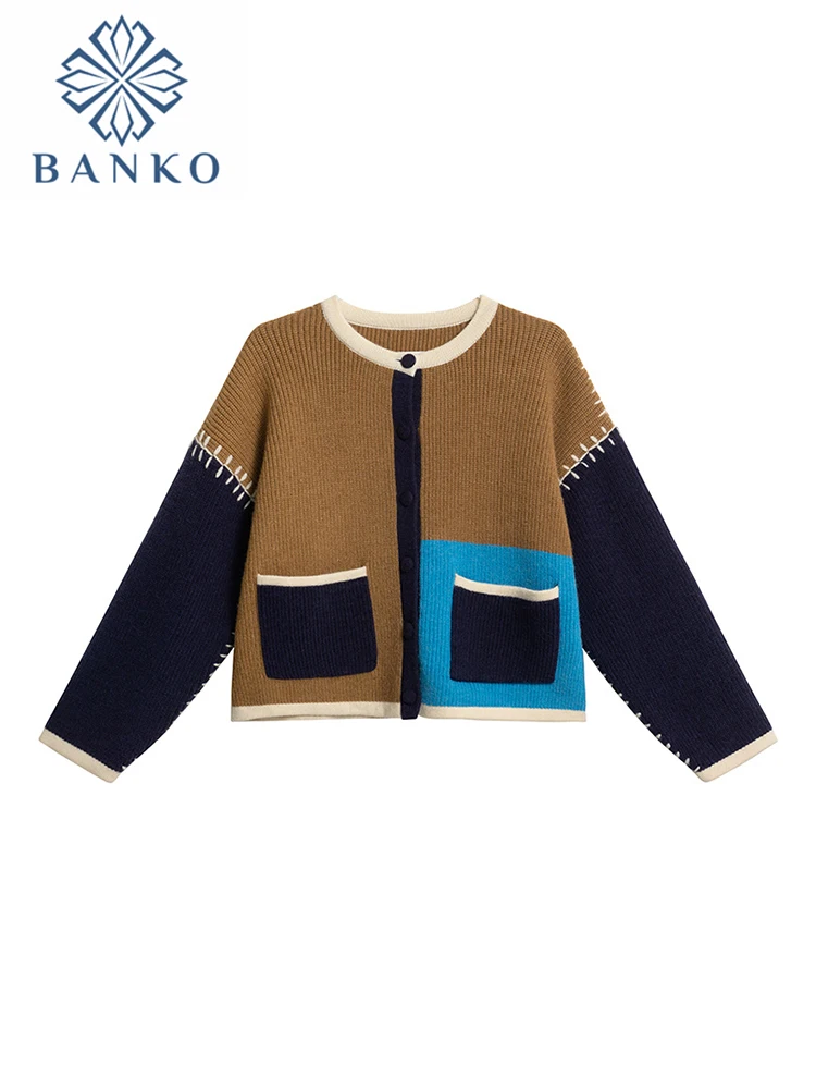 

2022 Women Autumn Winter New Contrast Color Patchwork Knitwear Open Stitch Woolen Sweater O-neck Long Sleeve Knitted Cardigan