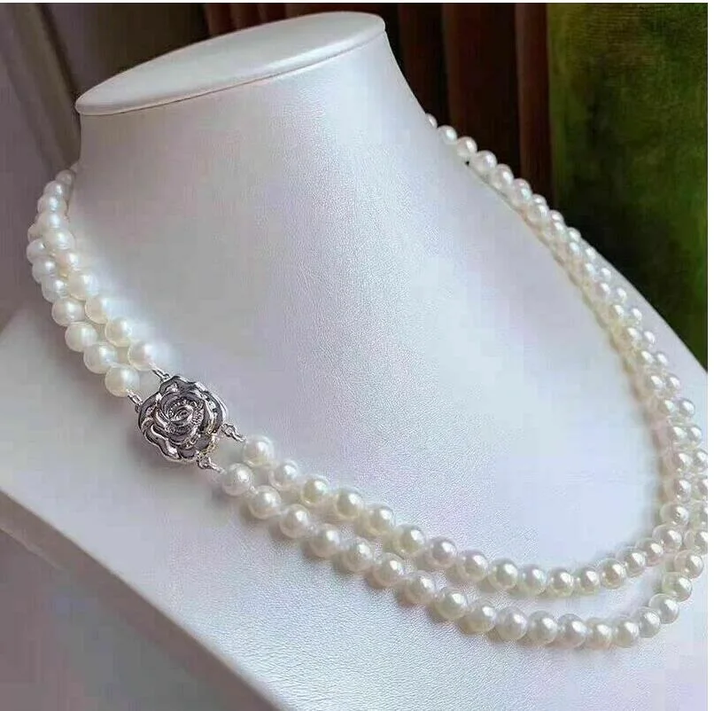 

Double Strand AAA++7-8mm Natural Akoya White Pearl Necklace 18 "925S-