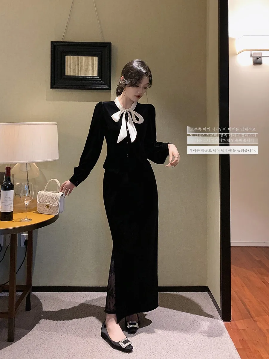 Lin Guanguan черные бархатные рубашки с бантом женские осенне-зимние уникальные