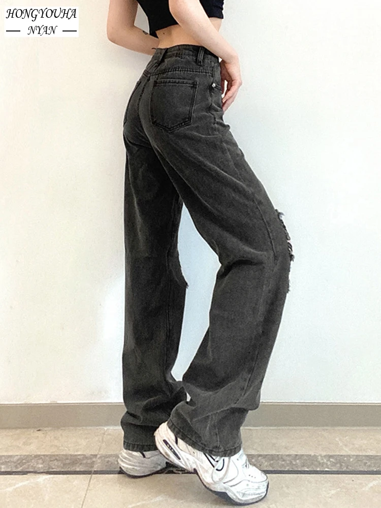 Streetwear Women High Waist Black Straight Jeans Denim Trousers Women Casual Mom Baggy Pants Y2k Washed Vintage Ripped Jeggings