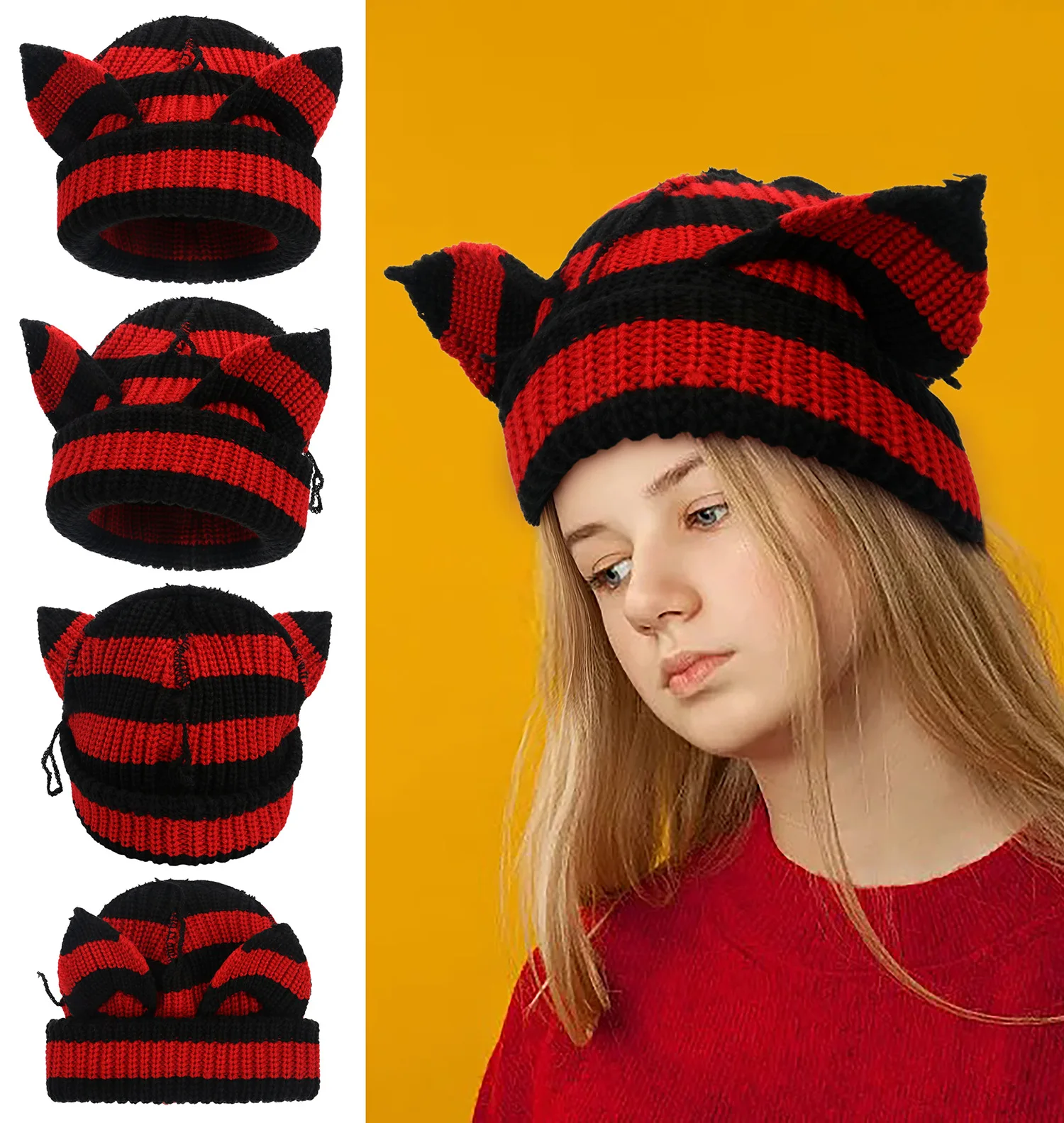 

Women's Personalised Cat Ears Knitted Hat Winter Warm Ear Protection Head Covering Hat Outdoor Cold Wool Cap Beanie