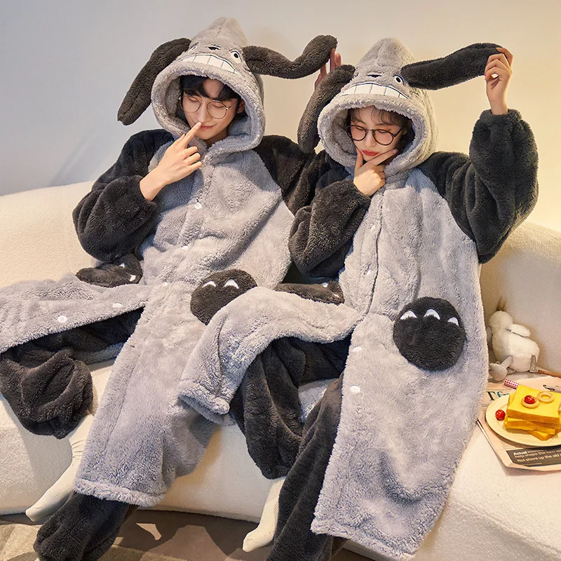 QUHENG Women Man Winter Flannel Pajamas Set Long Sleeve Cartoon Pijamas  Home Clothes Suits Autumn Warm Nightgown Sleepwear Suit