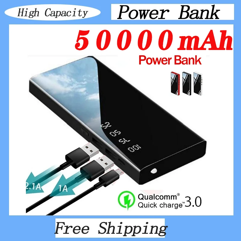 

50000mAh Mirror Power Bank External Battery LCD Digital Display Portable Fast Charger with LED Light for Samsung iphone Xiaomi
