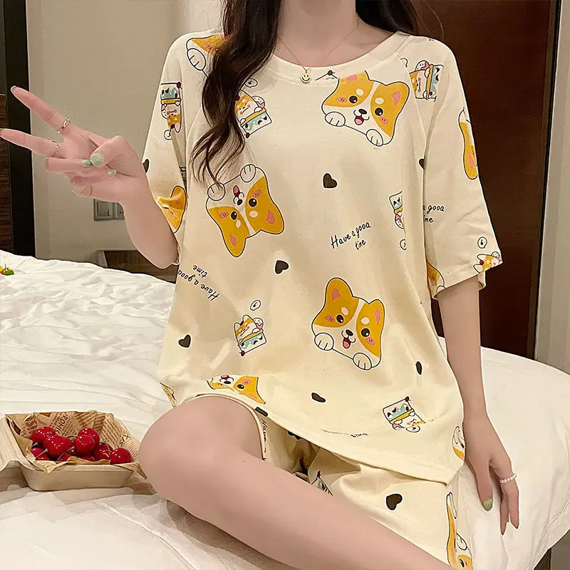 Pajamas women's 2022 New Milksilkshort Sleeveshortsleatherplusclothes two-piece summerO-collarthinsweetcutepajamashomeclothesset