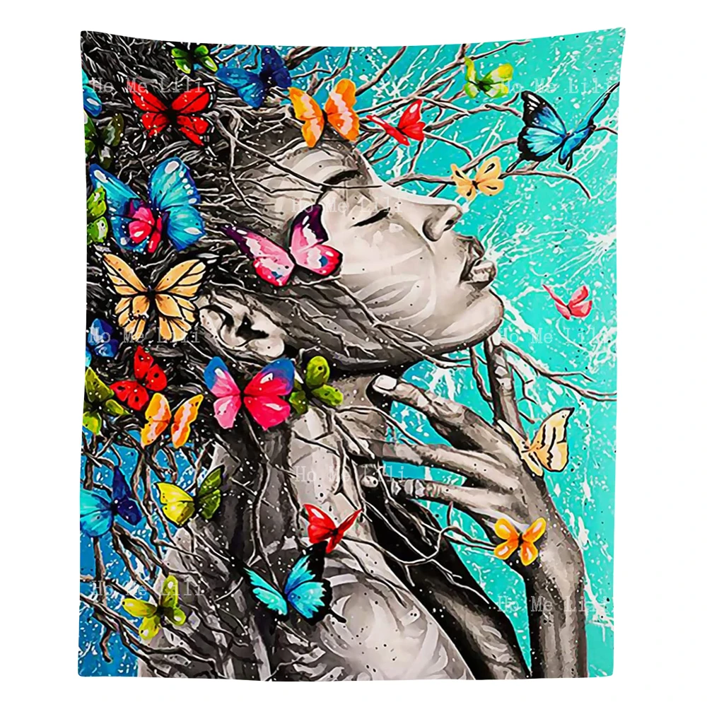 

African American Queen Butterflies Vine Plants Traditional Floral Demon Girl Aries Black Woman Tattoo Tapestry By Ho Me Lili