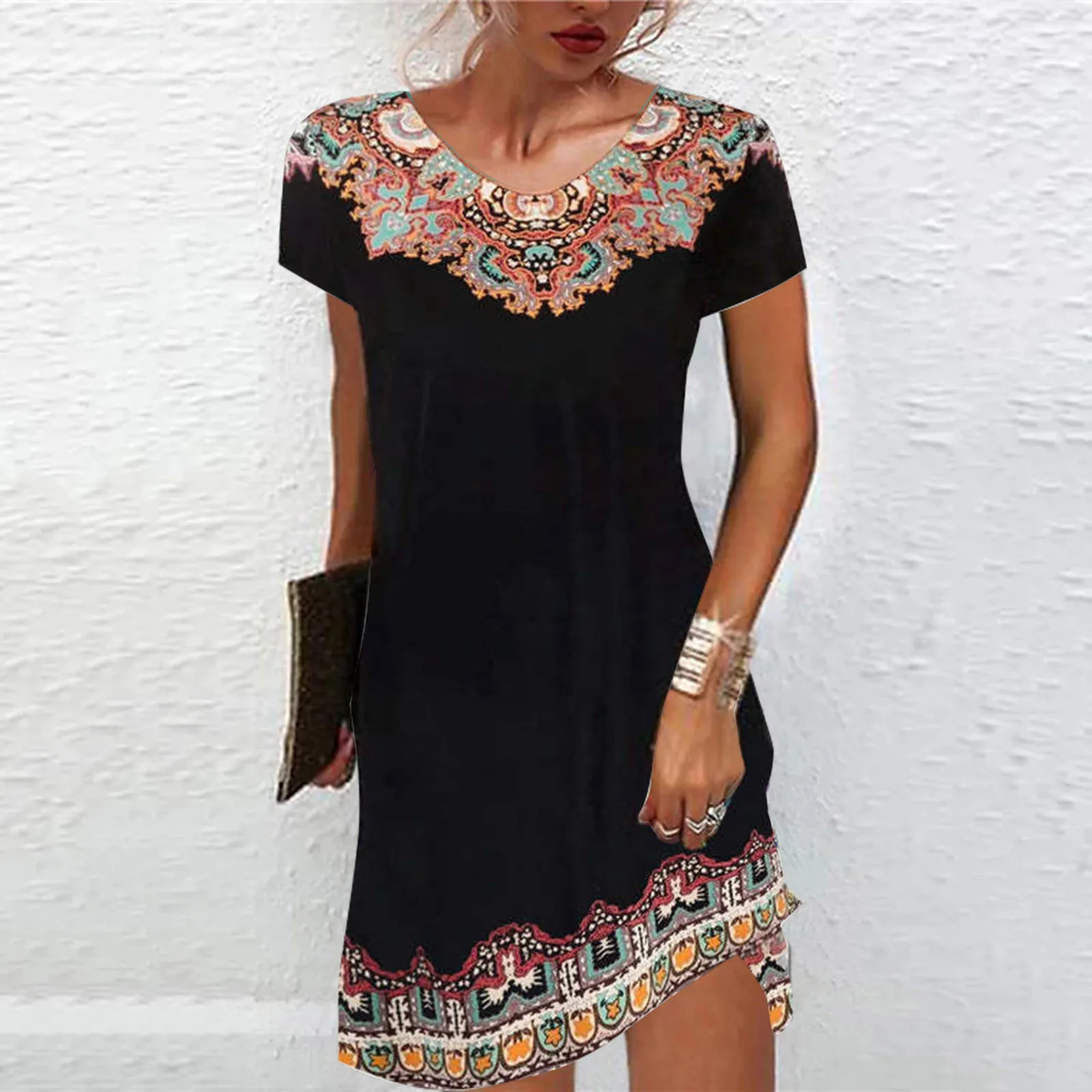 

Dress for Women below Knees Women Summer Dresses Floral V Neck Short Sleeve Print Casual Dress Long Sleeve Dress Women Casual