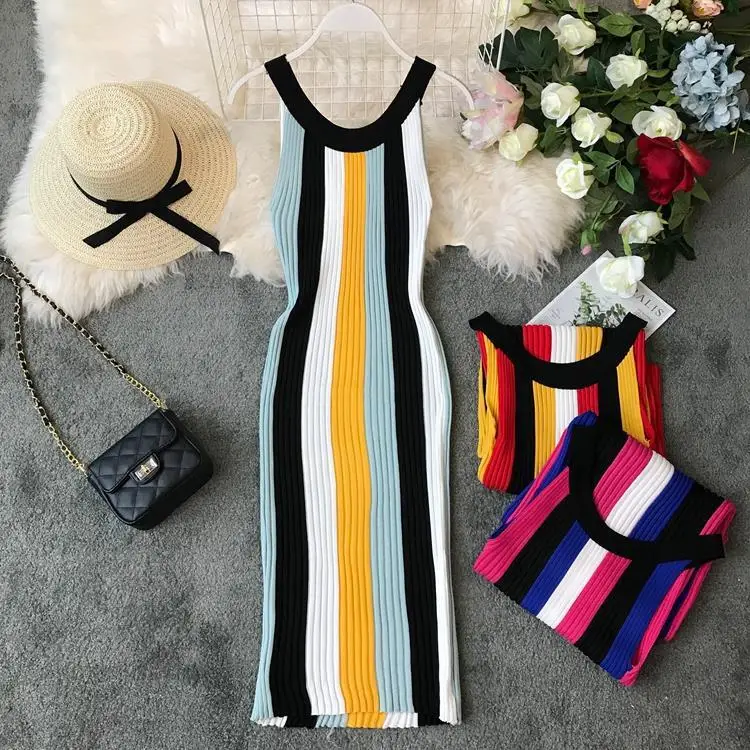 

Summer Women Temperament O-Neck Dress Rainbow Vertical Striped Vintage Sexy Knit Dress Sleeveless Pullovers Ladies Vestido U254