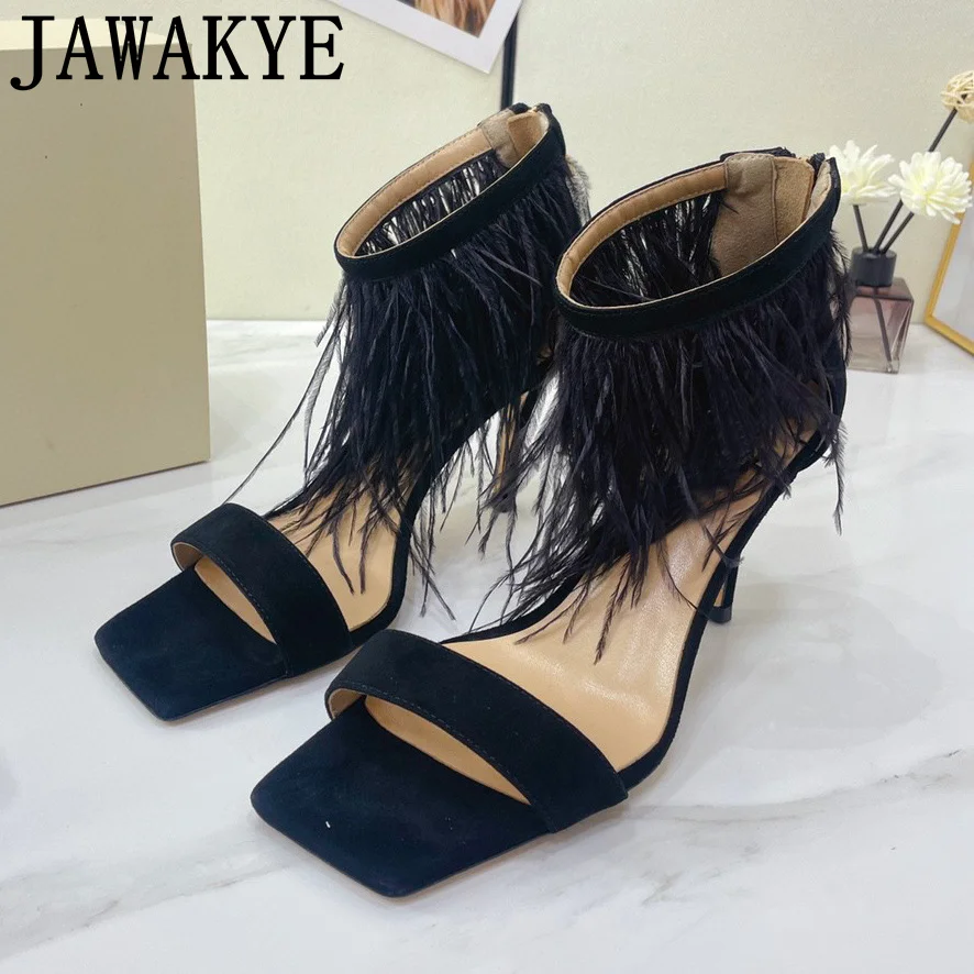 

Туфли женские на высоком каблуке, замша с перьями, молния, квадратный носок, пикантная обувь на шпильке вечерние свадебные туфли, туфли-лодо...