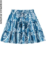 pailete women 2022 fashion with tassels printed ruffled mini skirt vintage high waist with drawstrings female skirts mujer