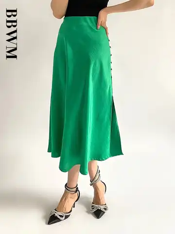 Chic Spring 2022 Women Button Split Satin Green Midi Skirt Vintage High Waist Office Lady A-Line Female Skirts