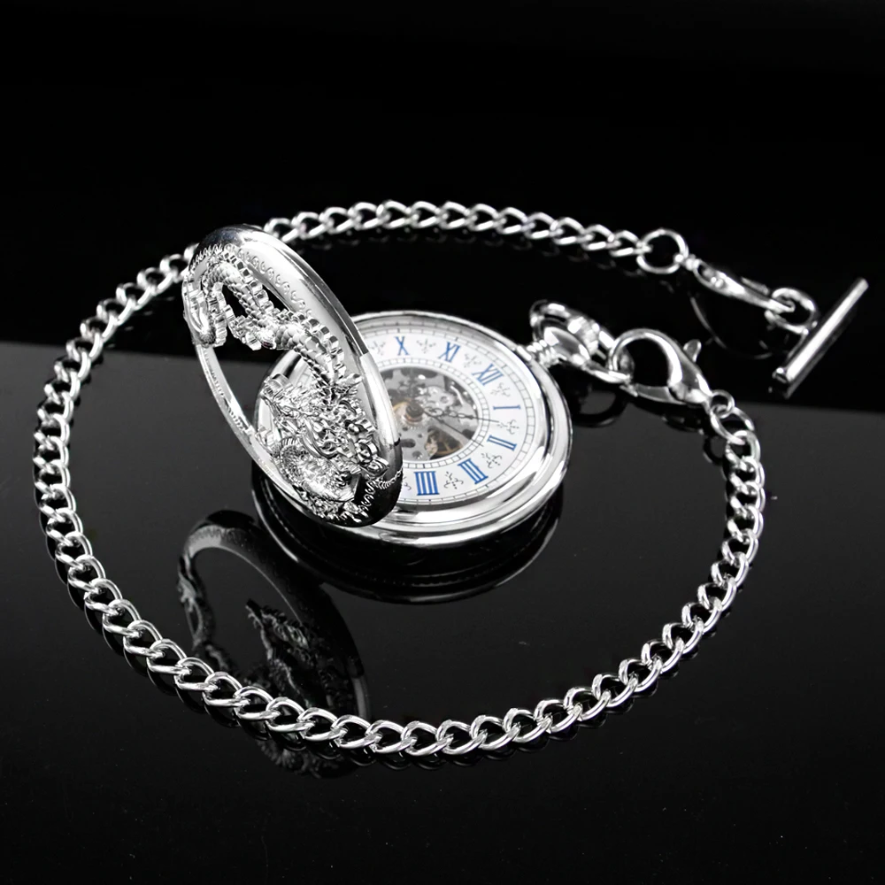 New Silver-White Flying Dragon Sculpture Mechanical Pocket Watch Hollow-Out Case Analog Skeleton Men's Mechanical Pocket Watch
