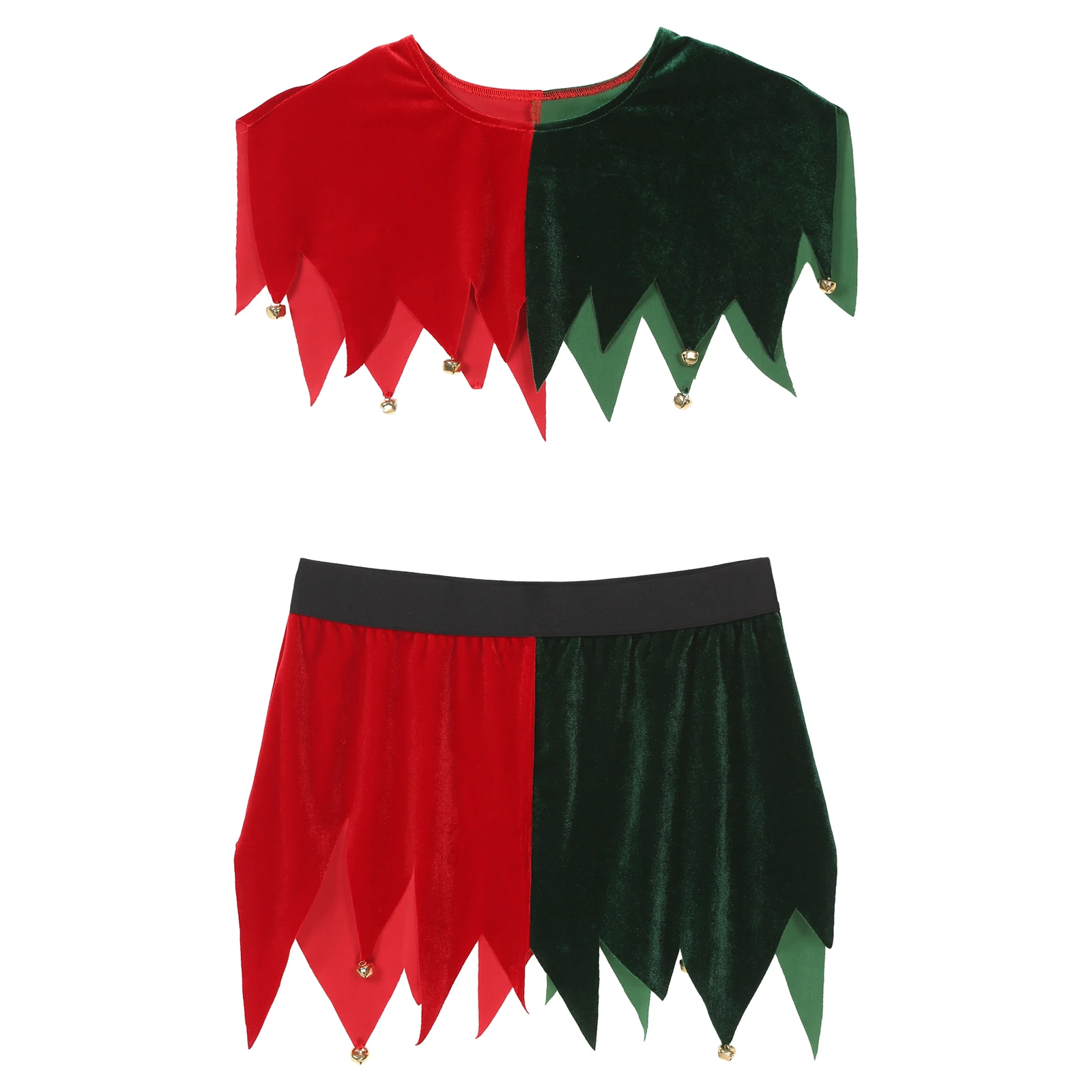

Adult Elf Outfit Mens Halloween Christmas Party Costume Color Block Jagged Hem Set Bells Crop Top Elastic Waistband Mini Skirt