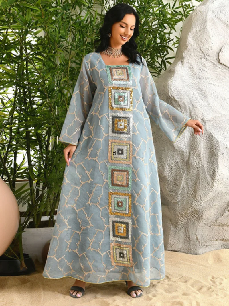 Abaya Musulmana Sequins Embroidery Party Dress Elegant Long Sleeve Ladies Dresses Muslim Woman Clothes Ramadan Eid Mubarak