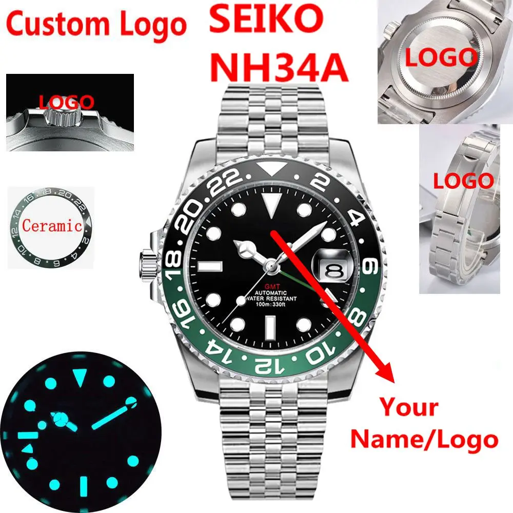 Мужские Роскошные часы NH34 GMT на заказ 40 мм автоматические механические