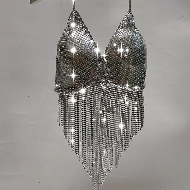 

Женский пикантный золотистый Атласный топ с блестками, богемный топ с бахромой, с нагрудной подушкой, корсет, укороченный топ с лямкой на шее и открытой спиной