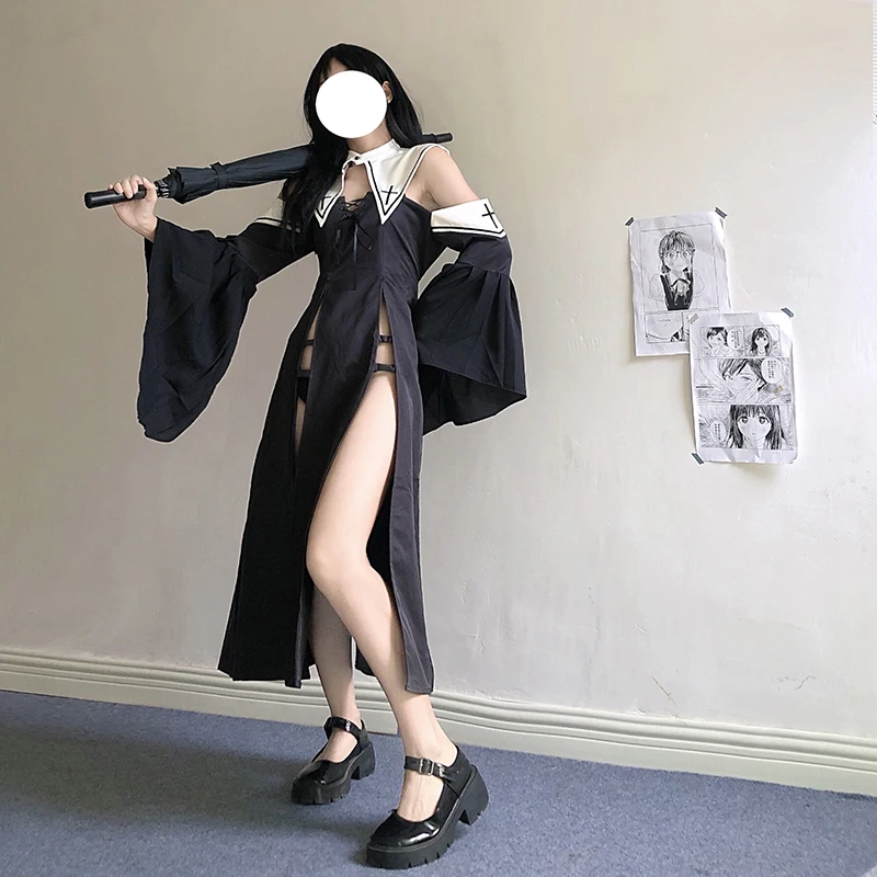 

Sexy Cross Strapless Nightdress Battle Nun Girl Dress Cosplay Women Hight Slit Open Chest Uniform Set Lolita Vintage Pajamas