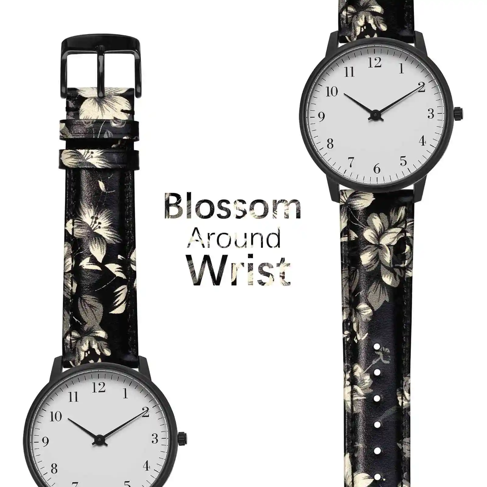WOCCI Women Flower Watch Band Genuine Leather Strap 18mm 20mm 22mm Watchband Quick Release Bracelet Stainless Black Buckle