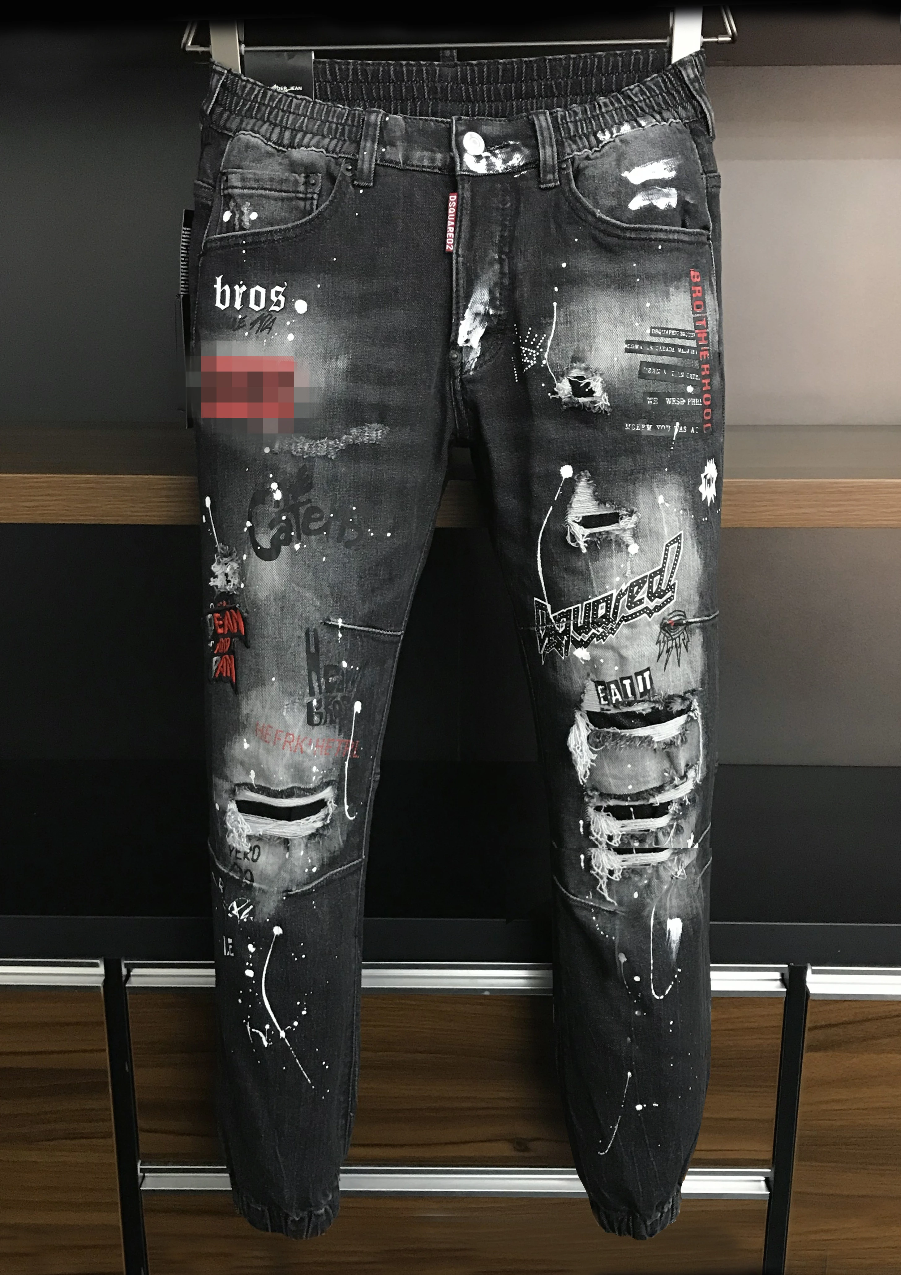 

2022 Spring Jeans Pants for Men d2 Slim Fit Feet Casual Slim Elastic Splice Broken Patch Paint Spot A502