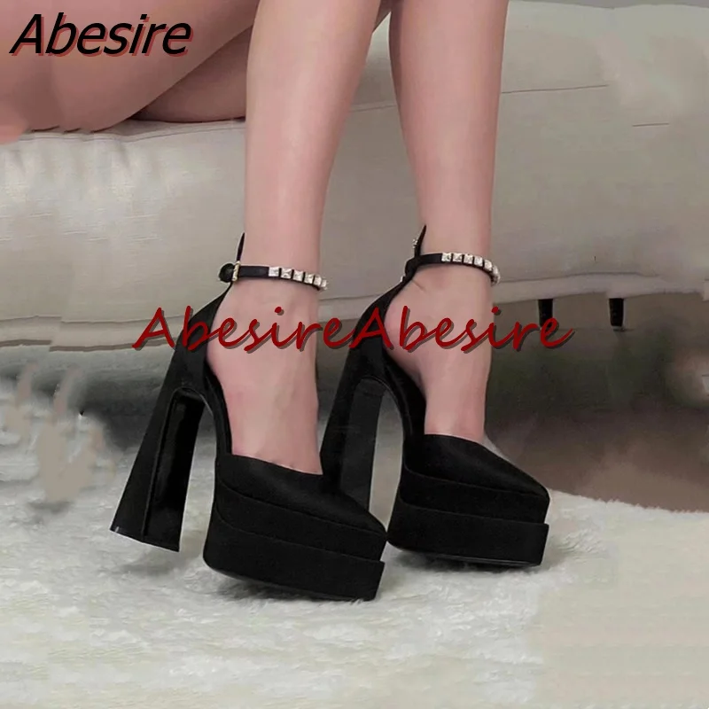 

Женские атласные туфли мэри джейн, черные туфли-лодочки на платформе с острым носком и толстой пряжкой, на высоком каблуке