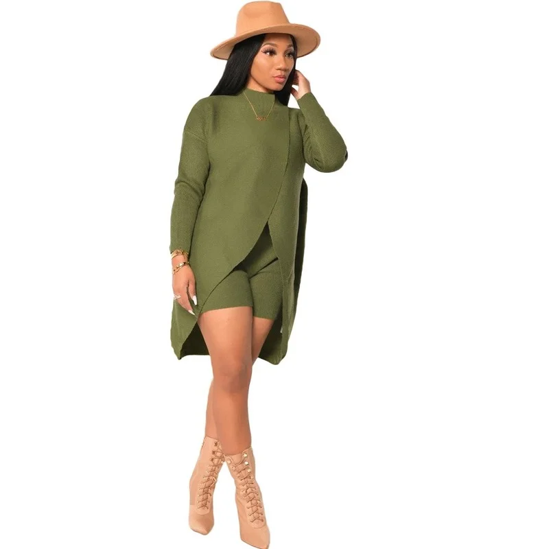 Women Two Piece Sets Front High Split Long Sleeve Loose Top High Waist Slim Shorts Autumn Winter Cashmere Sweater Warm Clothes