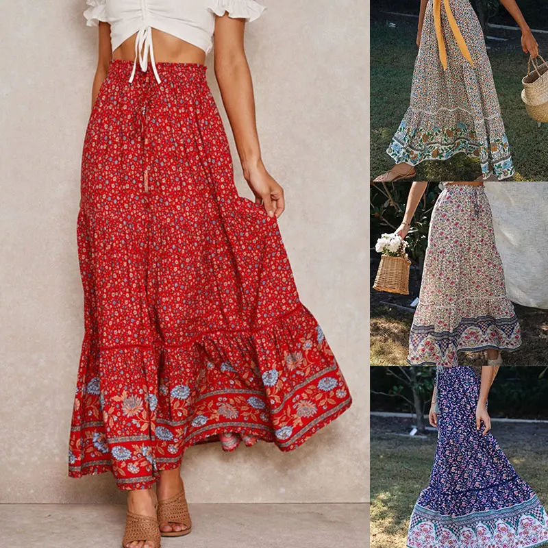 

Women Fashion Explosions Hollow Lace Stitching Positioning Print Oversized Skirt Retro Beach Seaside Holiday Long Beach Skirts