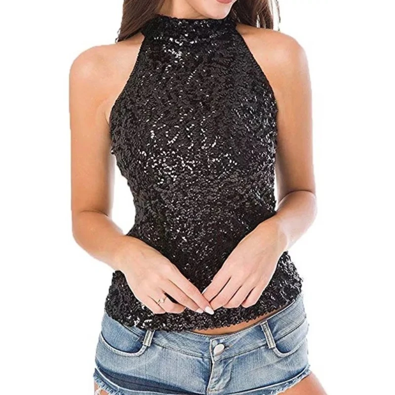 

Y2k Clothes Tops Slight Strech Polyester 25 34 Sequined Solid Sexy Club Tanks Camis Woman Clothes Limited