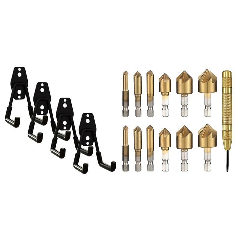 

13Pcs Drill Bits 1/4 Inches Hex Shank 5 Flute Countersink Center Punch Tool with 4Pcs Garage Storage Hooks ,Heavy Duty