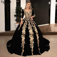 black velvet gown v neck half sleeves glitter gold lace appliqu%c3%a9d ball gown gown arabian custom gown