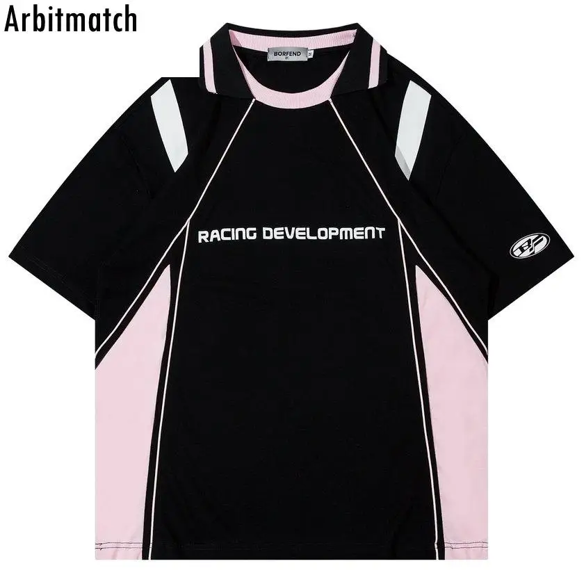 

Летняя свободная повседневная мужская футболка в стиле хип-хоп с контрастными панелями и коротким рукавом, мужская спортивная хлопковая Футболка В гоночном стиле с надписью