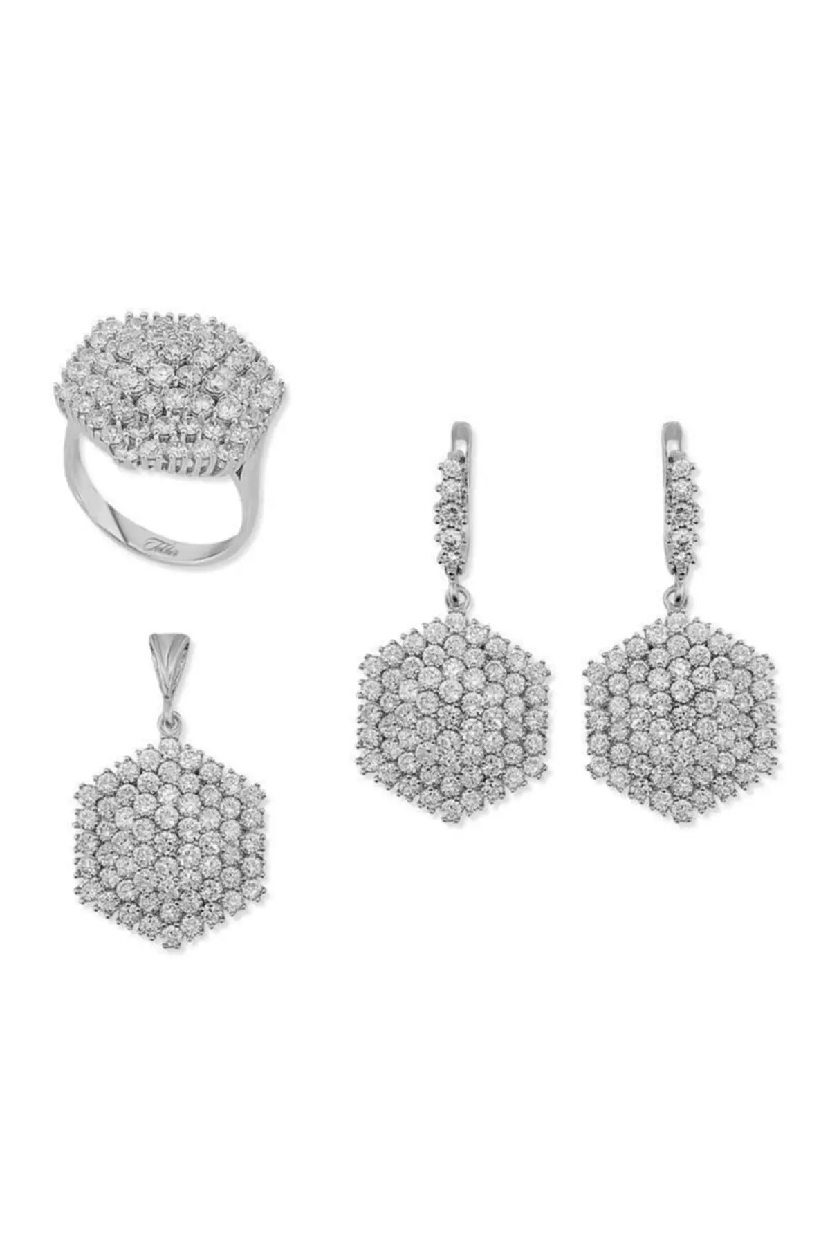 

Silver Zircon Stone Hexagon Women Set, Earring Pendant Ring