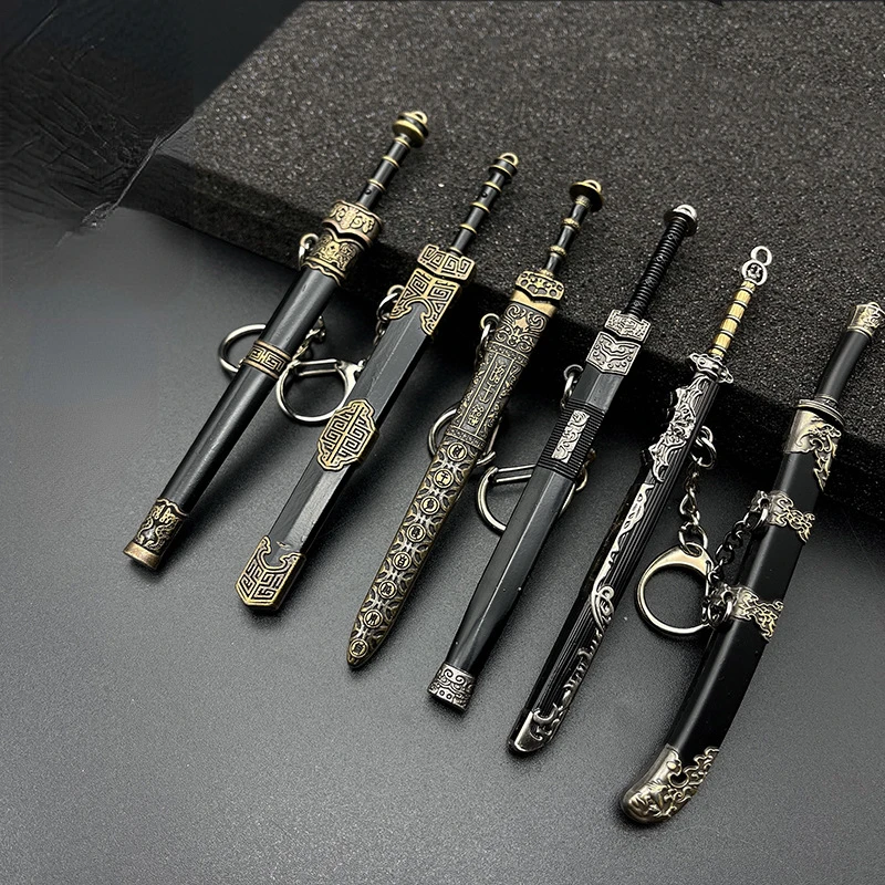 

Mini Sword Key Chains for Men Ancient with Scabbard Decorative Pattern Uncut Blade Weapon Model Collect Chin-Han Knife Pendant