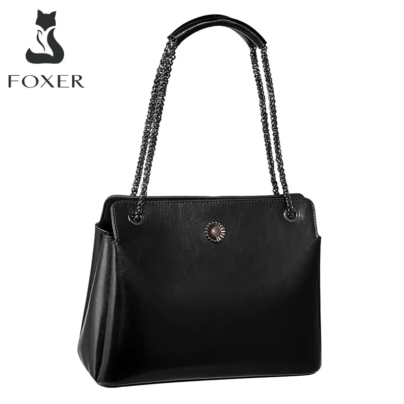 foxer lady split leather fashion simple chain shoulder bag office high quality women bag large capacity commuter messenger bag free global shipping