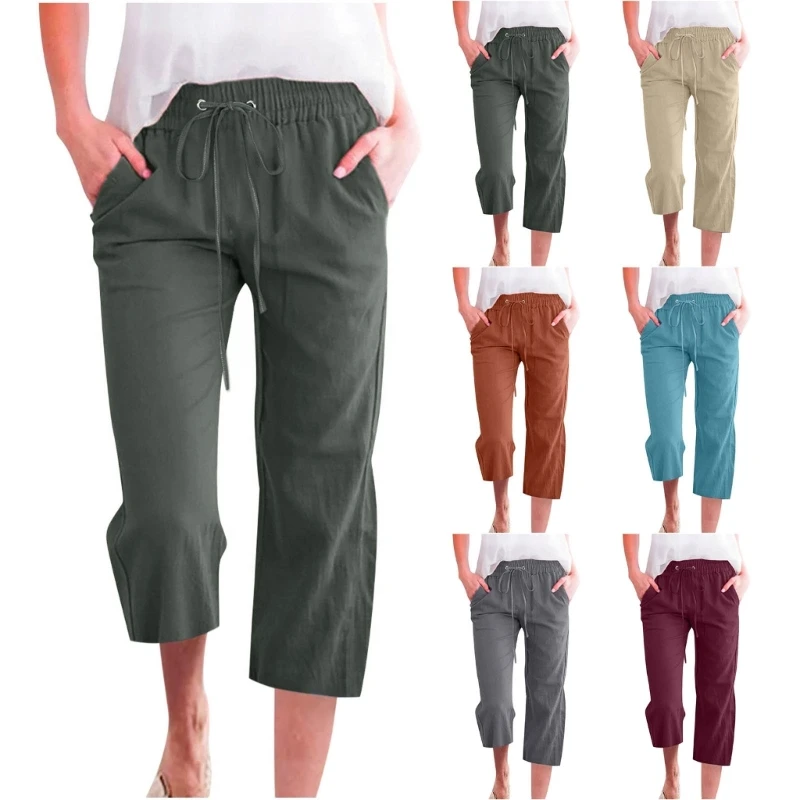 

Штаны из хлопка и льна, свободные брюки с эластичным поясом, с завышенной талией, Мягкие стильные, однотонные, на шнуровке, для школы и офиса, ...