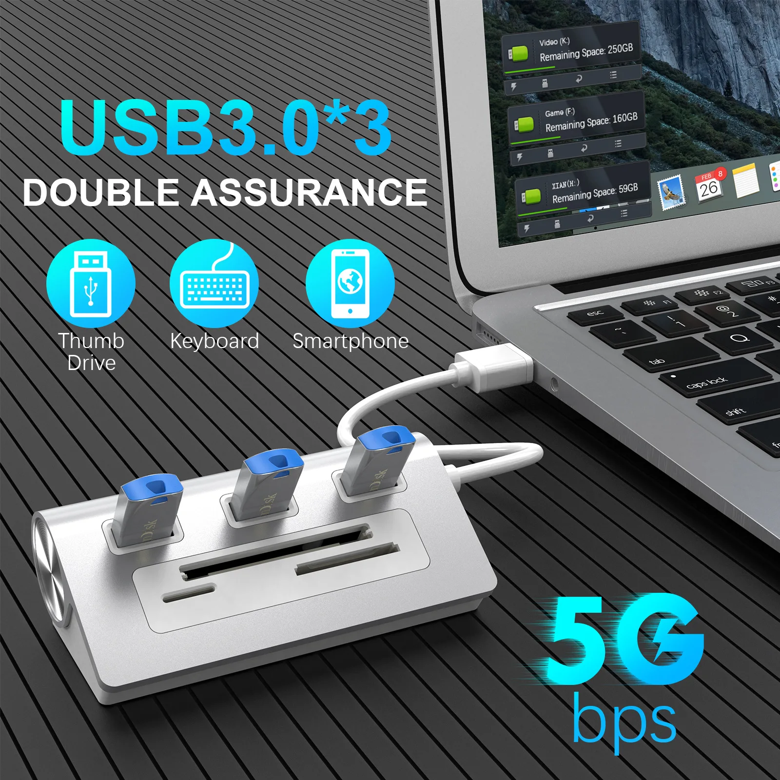 

USB 3.0 кардридер с 3 USB-портами и кардридером TF / SD