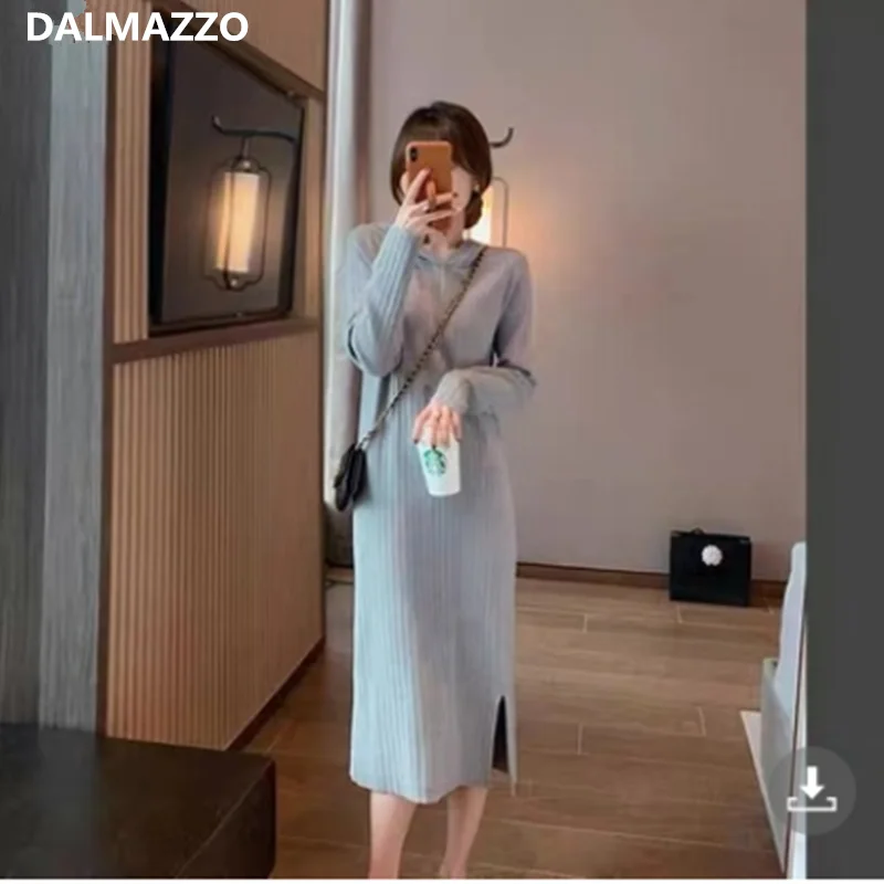 

DALMAZZO Spring Fall Vintage Knit Bottoming Sweater Dress Women Hooded Pullover Loose Straight Over Knee Dresses Female 2022 New