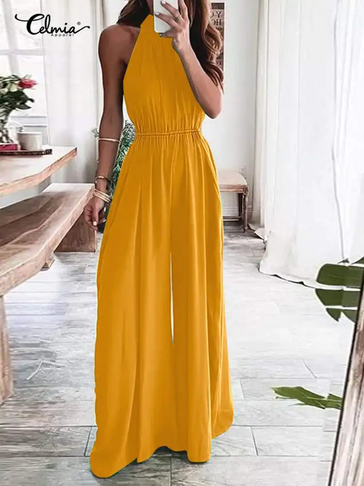 

Celmia Sexy Sleeveless Jumpsuits Summer Women 2022 Fashion Back Zipper O-neck Long Rompers Pleats Waisted Wide Leg Pant Overall