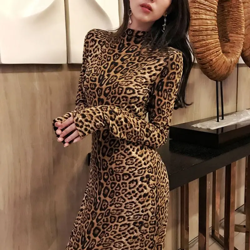 

Women Leopard Print Half High Turtleneck Long Sleeve Bodycon Party Ankle-length Dresses Female Full Sleeve Loose Dresses G214