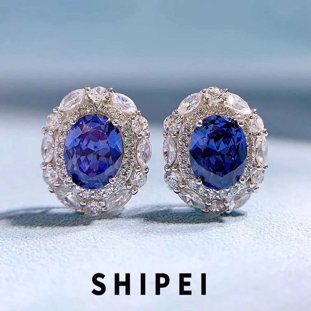 

SHIPEI Vintage Solid 925 Sterling Silver Oval 7*9 MM Sapphire Ruby White Sapphire Gemstone Fine Jewelry Stud Earrings for Women